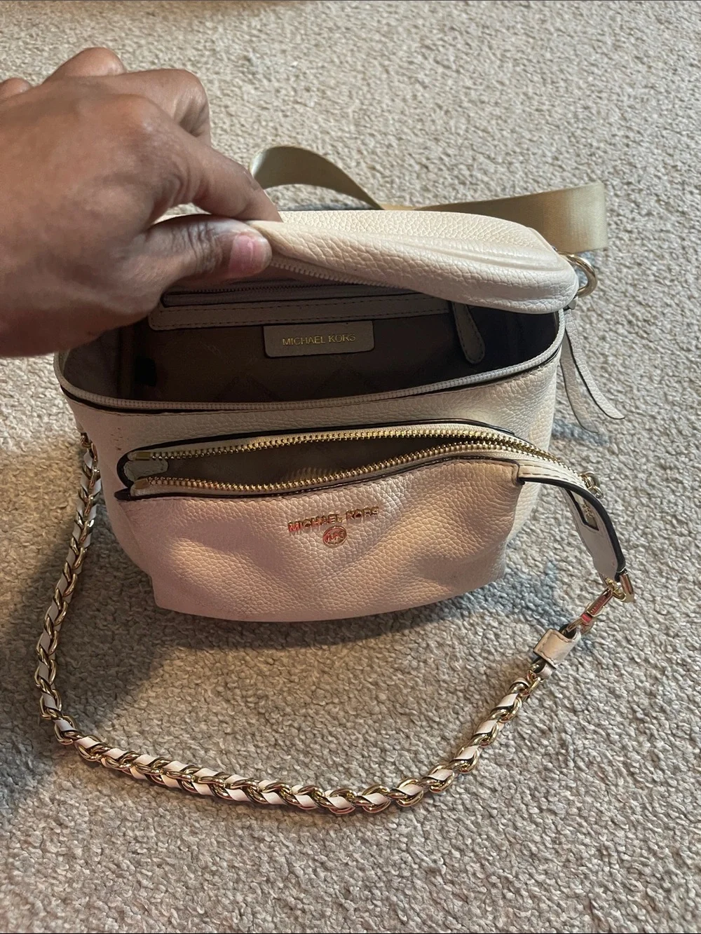 Michael Kors Cream Pebbled Leather Crossbody Belt Bag with Gold Hardware
